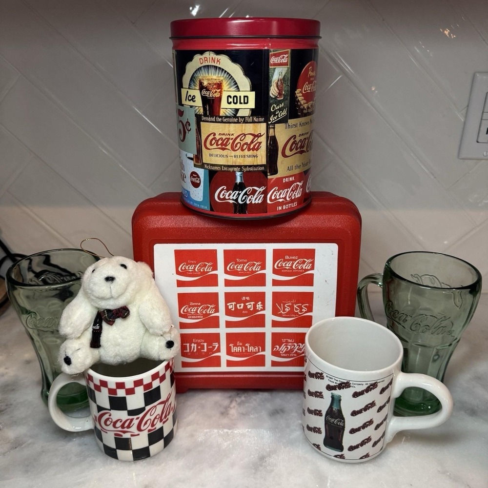 Vintage Coca-Cola Collectible Lot Glasses Mugs Puzzle Tin Lunch Box Plush - Picture 2 of 8
